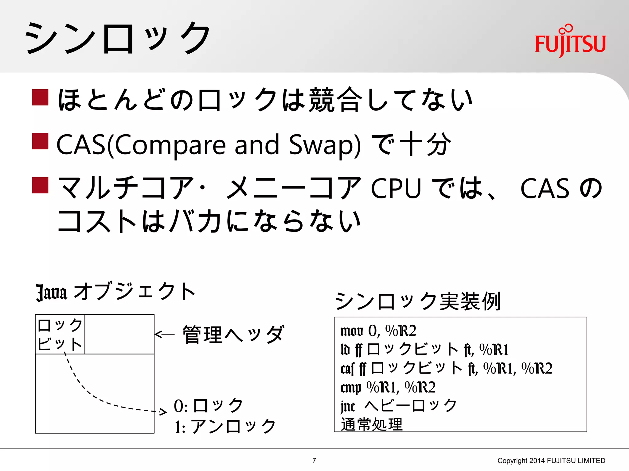 シンロック
 ほとんどのロックは競合してない
 CAS(Compare and Swap) で十分
 マルチコア・メニーコア CPU では、 CAS の
コストはバカにならない
7 Copyright 2014 FUJITSU LIMITED
ロック
ビット
Java オブジェクト
管理ヘッダ mov 0, %R2
ld [ ロックビット ], %R1
cas [ ロックビット ], %R1, %R2
cmp %R1, %R2
jne ヘビーロック
通常処理
0: ロック
1: アンロック
シンロック実装例
 