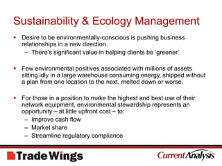 Extended Product LifecyclesProcurementVendor/ProductSelectionDeploymentSave to SparesRedeployEvaluateProductsSecondaryMarketService ProvisioningReuseRecycleIncrementalDecommissioningMonitoringMaintenance & Repair