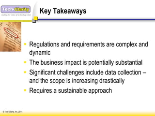 making the value of technology clear
                                       Key Takeaways



                              Regulations and requirements are complex and
                               dynamic
                              The business impact is potentially substantial
                              Significant challenges include data collection –
                               and the scope is increasing drastically
                              Requires a sustainable approach

 © Tech-Clarity, Inc. 2011
 