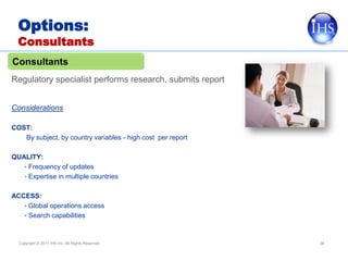 Options:
  Consultants
Consultants
Regulatory specialist performs research, submits report


Considerations

COST:
   By subject, by country variables - high cost per report

QUALITY:
   • Frequency of updates
   • Expertise in multiple countries


ACCESS:
   • Global operations access
   • Search capabilities



  Copyright © 2011 IHS Inc. All Rights Reserved.             38
 