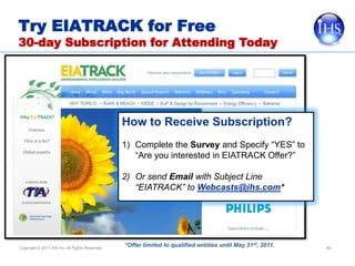 Try EIATRACK for Free
30-day Subscription for Attending Today




                                                 How to Receive Subscription?
                                                 1) Complete the Survey and Specify “YES” to
                                                    “Are you interested in EIATRACK Offer?”

                                                 2) Or send Email with Subject Line
                                                    “EIATRACK” to Webcasts@ihs.com*




Copyright © 2011 IHS Inc. All Rights Reserved.
                                                 *Offer limited to qualified entities until May 31st, 2011.   49
 