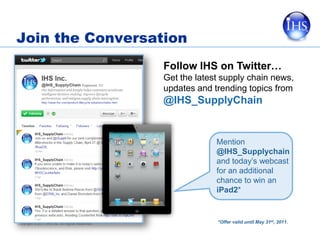 Join the Conversation
                                                 Follow IHS on Twitter…
                                                 Get the latest supply chain news,
                                                 updates and trending topics from
                                                 @IHS_SupplyChain


                                                              Mention
                                                              @IHS_Supplychain
                                                              and today’s webcast
                                                              for an additional
                                                              chance to win an
                                                              iPad2*



Copyright © 2011 IHS Inc. All Rights Reserved.                *Offer valid until May 31st, 2011.
 