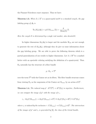 the Pimsner-Voiculescu exact sequence. Thus we have:
Theorem 1.3. When Λ ⊂ Z2
is a quasicrystal and θ is a standard cocycle, the gap
labeling group of Aθ is
Tr∗(K0(Aθ)) = µ(C(Ωtrans, Z)) +
θ
Dens(Λ)
Z .
Here the cocycle θ is determined by a single real number, also denoted θ.
In higher dimensions K0(Aθ) is larger and the modules HAΛ are not enough
to generate the rest of K0(Aθ), although they do give us some information about
the gap labeling group. We are able to prove the following theorem which is a
partial generalization of our results to higher dimensions. Let Λ ⊂ Rd
be a marked
lattice with an aperiodic coloring satisfying the deﬁnition of a quasicrystal. Then
ΩΛ naturally has the structure of a ﬁber bundle
p : ΩΛ → Td
over the torus Td
with the Cantor set as its ﬁbers. The ﬁber bundle structure comes
from viewing ΩΛ as the suspension of the Cantor set Ωtrans by an action of Zd
.
Theorem 1.4. The induced map p∗
: K0
(Td
) → K0
(ΩΛ) is injective. Furthermore,
we can compare the image of p∗
with the image of r∗,
r∗ : K0(C(Ωtrans)) → K0(C(Ωtrans) Zd
) ∼= K0(C(ΩΛ) Rd
) ∼= K0
(ΩΛ)
where r∗ is induced by the inclusion r : C(Ωtrans) → C(Ωtrans) Zd
. The intersection
of the images of p∗
and r∗ is generated by [1], the class of the trivial bundle.
7
 
