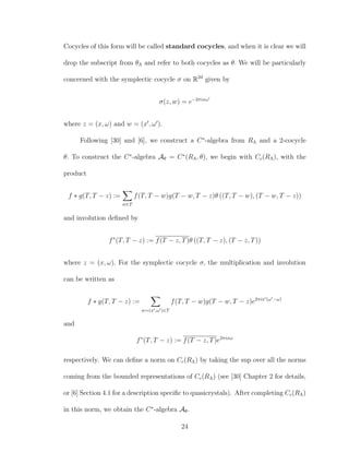 Cocycles of this form will be called standard cocycles, and when it is clear we will
drop the subscript from θΛ and refer to both cocycles as θ. We will be particularly
concerned with the symplectic cocycle σ on R2d
given by
σ(z, w) = e−2πixω
where z = (x, ω) and w = (x , ω ).
Following [30] and [6], we construct a C∗
-algebra from RΛ and a 2-cocycle
θ. To construct the C∗
-algebra Aθ = C∗
(RΛ, θ), we begin with Cc(RΛ), with the
product
f ∗ g(T, T − z) :=
w∈T
f(T, T − w)g(T − w, T − z)θ ((T, T − w), (T − w, T − z))
and involution deﬁned by
f∗
(T, T − z) := f(T − z, T)θ ((T, T − z), (T − z, T))
where z = (x, ω). For the symplectic cocycle σ, the multiplication and involution
can be written as
f ∗ g(T, T − z) :=
w=(x ,ω )∈T
f(T, T − w)g(T − w, T − z)e2πix (ω −ω)
and
f∗
(T, T − z) := f(T − z, T)e2πixω
respectively. We can deﬁne a norm on Cc(RΛ) by taking the sup over all the norms
coming from the bounded representations of Cc(RΛ) (see [30] Chapter 2 for details,
or [6] Section 4.1 for a description speciﬁc to quasicrystals). After completing Cc(RΛ)
in this norm, we obtain the C∗
-algebra Aθ.
24
 