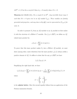 A Z2d
= L. If we ﬁx a cocycle θ then σ|L = θ exactly when A∗
σ = θ.
Theorem 4.1 (Rieﬀel [31]). Fix a cocycle θ on Z2d
. Any invertible linear map A
such that A∗
σ = θ gives rise to an A∞
θ -module VA Z2d . These modules are ﬁnitely
generated and projective, and any class in K0(A∞
θ ) can be represented as [VA Z2d ] for
some A.
In order to promote VL from an A∞
L -module to an AL-module we ﬁrst endow
it with the structure of a Hilbert C∗
-module. For f, g ∈ S(Rd
), we deﬁne an A∞
L
valued inner product by
L f, g :=
z∈L
f, π(z)g π(z).
To prove that this inner product makes VL into a Hilbert A∞
L -module, we must
show (among other, easier identities) that the inner product L f, f always yields a
positive element of A∞
L . It suﬃces to show that for any g ∈ S(Rd
) we have
L f, f g, g ≥ 0.
Simplifying the right hand side, we have
L f, f g, g =
z∈L
f, π(z)f π(z)g, g =
1
vol(L) l∈L◦
f, π(l)g π(l)g, f ≥ 0
where
L◦
:=




0 −I
I 0



 L∗
is the adjoint lattice. Here the second equality follows from an application of the
Poisson summation formula.
43
 