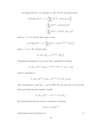So assume that Ψf ∈ CΛ and that a ∈ AL1
σ . On the one hand we have
C(I(a)Ψf )i(T, T − z) =
w∈T
a(T, T − w)π(w)f, ˜gi
T
z
=
w∈T
a(T, T − w) π(w)f, ˜gi
T
z
=
w∈T
a(T, T − w) f, T−x M−ω ˜gi
T
z .
where w = (x , ω ). On the other hand we have
a ∗ C(Ψf )i(T, T − z) =
w∈T
a(T, T − w) f, e2πix (ω −ω)
˜gi
T−w
z−w .
where z = (x, ω). We will show that
T−x M−ω ˜gi
T
(x,ω) = e2πix (ω −ω)
˜gi
T−w
z−w .
Unpacking the deﬁnitions, we see that this is equivalent to showing
T−x M−ω (ST
)−1
π(z)gi = e2πix (ω −ω)
(ST−w
)−1
π(z − w)gi
which is equivalent to
T−x M−ω (ST
)−1
π(z)gi = (ST−w
)−1
T−x M−ω π(z)gi
after commuting T−x past M(ω−ω ) on the RHS. We can cancel the π(z) from both
sides and simply show the operator equality
T−x M−ω (ST
)−1
= (ST−w
)−1
T−x M−ω .
By inverting both sides we see this is equivalent to showing
ST
π(w) = π(w)ST−w
which follows from Proposition 3.3.
52
 