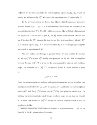 a Hilbert C∗
-module and study the endomorphism algebra End0
AL1
σ
HΛ, which for
brevity we will denote by BL1
σ . We denote its completion to a C∗
-algebra by Bσ.
In the previous section we showed that HΛ is a ﬁnitely generated projective
module. When G(g1, . . . , gN , Λ) is a multiwindow Gabor frame, we constructed an
associated projection2
P ∈ MN (AL1
σ ) which represents [HΛ] in K0(Aσ). In principal,
the projection P can be used to give HΛ an AL1
σ -valued inner product. We can also
use P to describe BL1
σ , though this description does not immediately identify BL1
σ
as a familiar algebra (e.g. it is unclear whether BL1
σ is a twisted groupoid algebra
associated to a quasicrystal Λ ).
We now outline our strategy in greater detail. We can identify the module
HΛ with (AL1
σ )N
P where AL1
σ acts by multiplication on the left. The isomorphism
between HΛ and (AL1
σ )N
P is given by the noncommutative analysis and synthesis
maps. For elements a, b ∈ (AL1
σ )N
P the natural Hilbert C∗
-inner product is given
by
AL1
σ
a, b = aPb∗
.
Using the noncommutative analysis and synthesis operators we can translate this
inner product structure to HΛ. After doing this, we can identify the endomorphism
algebra BL1
σ with P(AL1
σ )N
P acting on (AL1
σ )N
P by multiplication on the right. By
utilizing the noncommutative analysis and synthesis maps we can take an element
of the form PaP where a ∈ (AL1
σ )N
and get an explicit formula for how it acts on
an element in HΛ.
2
Note that the projection P does depend on the choice of window functions g1, . . . , gN , but the
class of P in K0(Aσ) is independent of this choice.
55
 