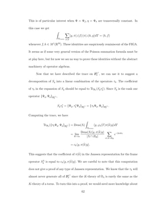 This is of particular interest when Ψ = Ψf , η = Ψh are transversally constant. In
this case we get
Ωtrans z∈T
g, π(z)f π(z)h, g dT = h, f
whenever f, h ∈ M1
(R2d
). These identities are suspiciously reminiscent of the FIGA.
It seems as if some very general version of the Poisson summation formula must be
at play here, but for now we see no way to prove these identities without the abstract
machinery of operator algebras.
Now that we have described the trace on BL1
σ , we can use it to suggest a
decomposition of Sg into a linear combination of the operators τk. The coeﬃcient
of τk in the expansion of Sg should be equal to TrBσ (Sgτ∗
k ). Since Sg is the rank one
operator {Ψg, Ψg}BL1
σ
,
Sgτ∗
k = {Ψg, τ∗
k Ψg}BL1
σ
= {τkΨg, Ψg}BL1
σ
.
Computing the trace, we have
TrBσ ({τkΨg, Ψg}BL1
σ
) = Dens(Λ)
Ωtrans
g, ϕk(T)π(ˇk)g dT
= lim
R→∞
Dens(Λ) g, π(ˇk)g
|Λ ∩ BR| z∈Λ∩BR
e−2πikz
= ck g, π(ˇk)g .
This suggests that the coeﬃcient of π(ˇk) in the Janssen representation for the frame
operator SΛ
g is equal to ck g, π(ˇk)g . We are careful to note that this computation
does not give a proof of any type of Janssen representation. We know that the τk will
almost never generate all of BL1
σ since the K-theory of ΩΛ is rarely the same as the
K-theory of a torus. To turn this into a proof, we would need more knowledge about
62
 