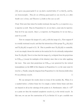 [33], given any quasicrystal Λ we can ﬁnd a marked lattice Λ so that ΩΛ and ΩΛ
are homeomorphic. Thus for an arbitrary quasicrystal we can view ΩΛ as a ﬁber
bundle over a torus, and Theorem 1.4 holds in this case as well.
Proof. First note that when θ is totally irrational, the map Tr∗ ◦j∗ is injective, so j∗
is injective as well. Thus by Proposition 5.1, we see that i∗ must also be injective.
Now let θ be any cocycle. Since i∗ is injective, by Proposition 5.1 we see that j∗
must be as well.
Now we compare the images of i∗ and j∗ with the image of r∗. First suppose θ
is a totally irrational cocycle, and that the intersection of the groups TrAθ∗(K0(Aθ))
and Tr∗(K0(A)) is equal to Z ⊂ R . This is possible since Tr∗(K0(A)) is countable,
so we can simply choose the entries in the matrix for θ to be rationally independent
from Tr∗(K0(A)). Now it is clear that the image of j∗ is disjoint from the projections
in C(Ωtrans) (except for multiples of the identity) since this is true after applying
the trace. Now note that projections in C(Ωtrans) are preserved by the vertical
isomorphisms on the RHS of the diagram in Proposition 5.1, so the same must be
true for i∗. Finally, using the diagram from Proposition 5.1, the theorem holds when
θ is an arbitrary cocycle.
We can interpret the results above in terms of the modules HΛ. When Λ is
a marked lattice, a Gabor frame for Λ is simply a lattice Gabor frame and does
not depend at all on the colorings of the points in Λ. Furthermore, when Λ = Z2d
as a point set then the standard symplectic cocycle σ|Λ is the trivial cocycle. In
this case, we can use the construction of VΛ in Section 4.1 to get a module over
72
 