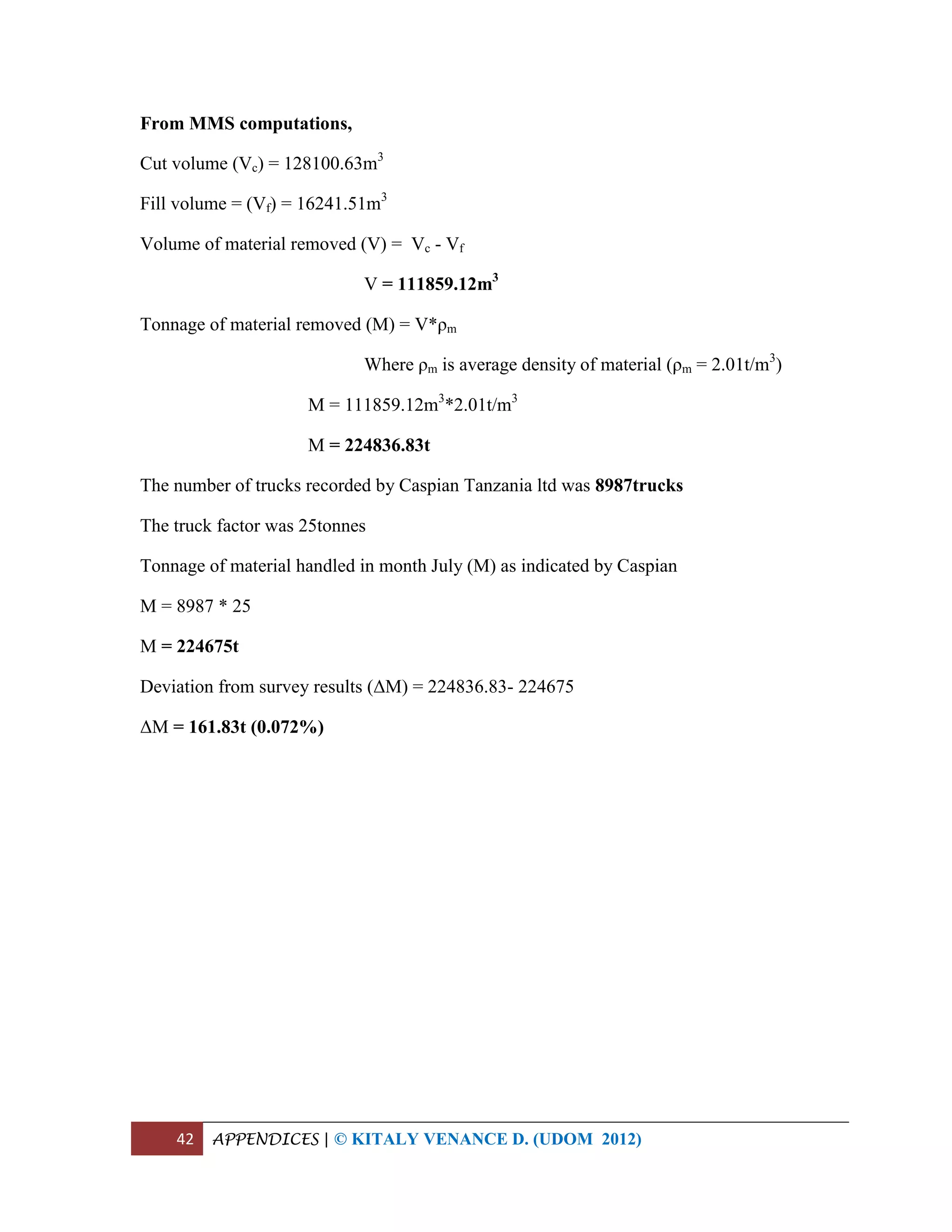 42 APPENDICES | © KITALY VENANCE D. (UDOM 2012)
From MMS computations,
Cut volume (Vc) = 128100.63m3
Fill volume = (Vf) = 16241.51m3
Volume of material removed (V) = Vc - Vf
V = 111859.12m3
Tonnage of material removed (M) = V*ρm
Where ρm is average density of material (ρm = 2.01t/m3
)
M = 111859.12m3
*2.01t/m3
M = 224836.83t
The number of trucks recorded by Caspian Tanzania ltd was 8987trucks
The truck factor was 25tonnes
Tonnage of material handled in month July (M) as indicated by Caspian
M = 8987 * 25
M = 224675t
Deviation from survey results (ΔM) = 224836.83- 224675
ΔM = 161.83t (0.072%)
 