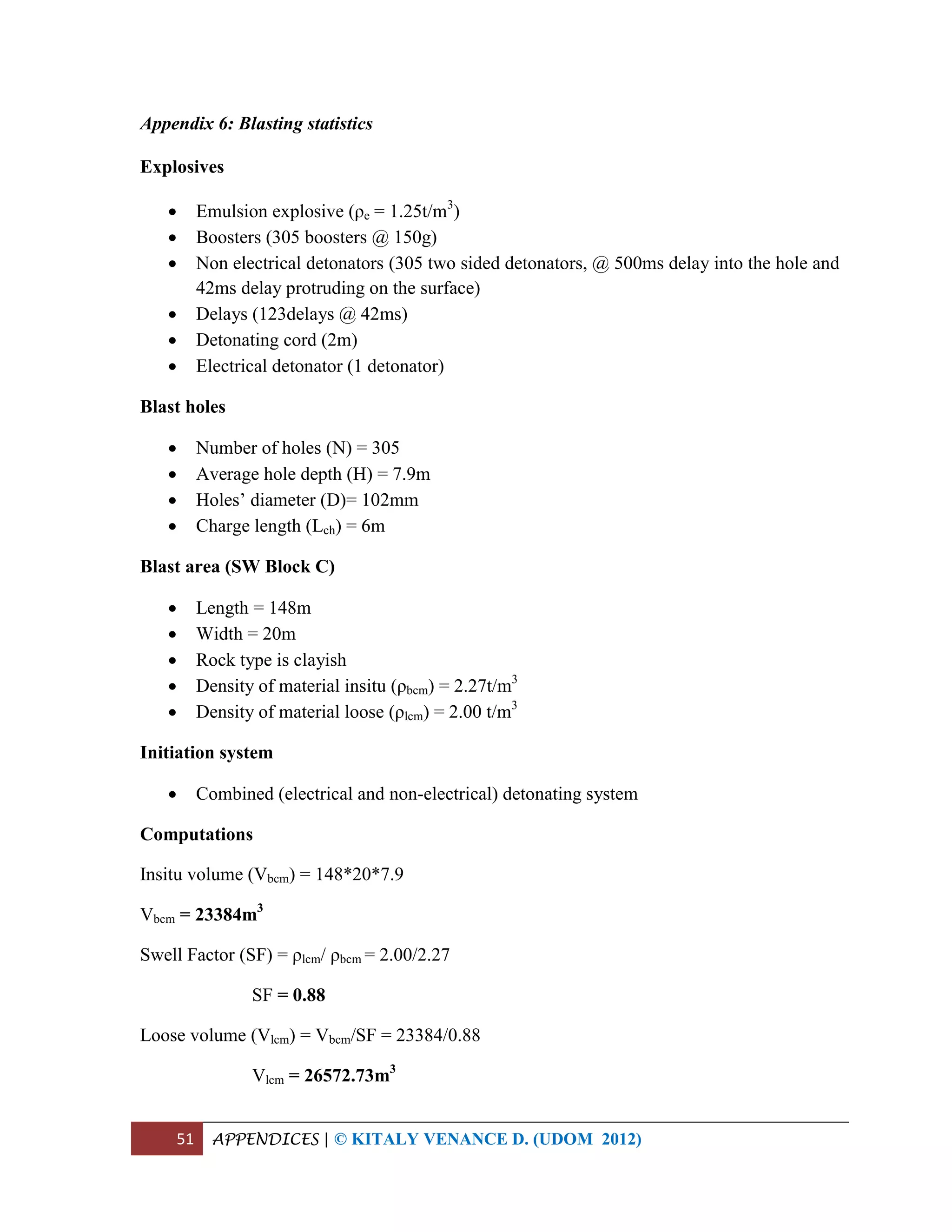 51 APPENDICES | © KITALY VENANCE D. (UDOM 2012)
Appendix 6: Blasting statistics
Explosives
 Emulsion explosive (ρe = 1.25t/m3
)
 Boosters (305 boosters @ 150g)
 Non electrical detonators (305 two sided detonators, @ 500ms delay into the hole and
42ms delay protruding on the surface)
 Delays (123delays @ 42ms)
 Detonating cord (2m)
 Electrical detonator (1 detonator)
Blast holes
 Number of holes (N) = 305
 Average hole depth (H) = 7.9m
 Holes’ diameter (D)= 102mm
 Charge length (Lch) = 6m
Blast area (SW Block C)
 Length = 148m
 Width = 20m
 Rock type is clayish
 Density of material insitu (ρbcm) = 2.27t/m3
 Density of material loose (ρlcm) = 2.00 t/m3
Initiation system
 Combined (electrical and non-electrical) detonating system
Computations
Insitu volume (Vbcm) = 148*20*7.9
Vbcm = 23384m3
Swell Factor (SF) = ρlcm/ ρbcm = 2.00/2.27
SF = 0.88
Loose volume (Vlcm) = Vbcm/SF = 23384/0.88
Vlcm = 26572.73m3
 