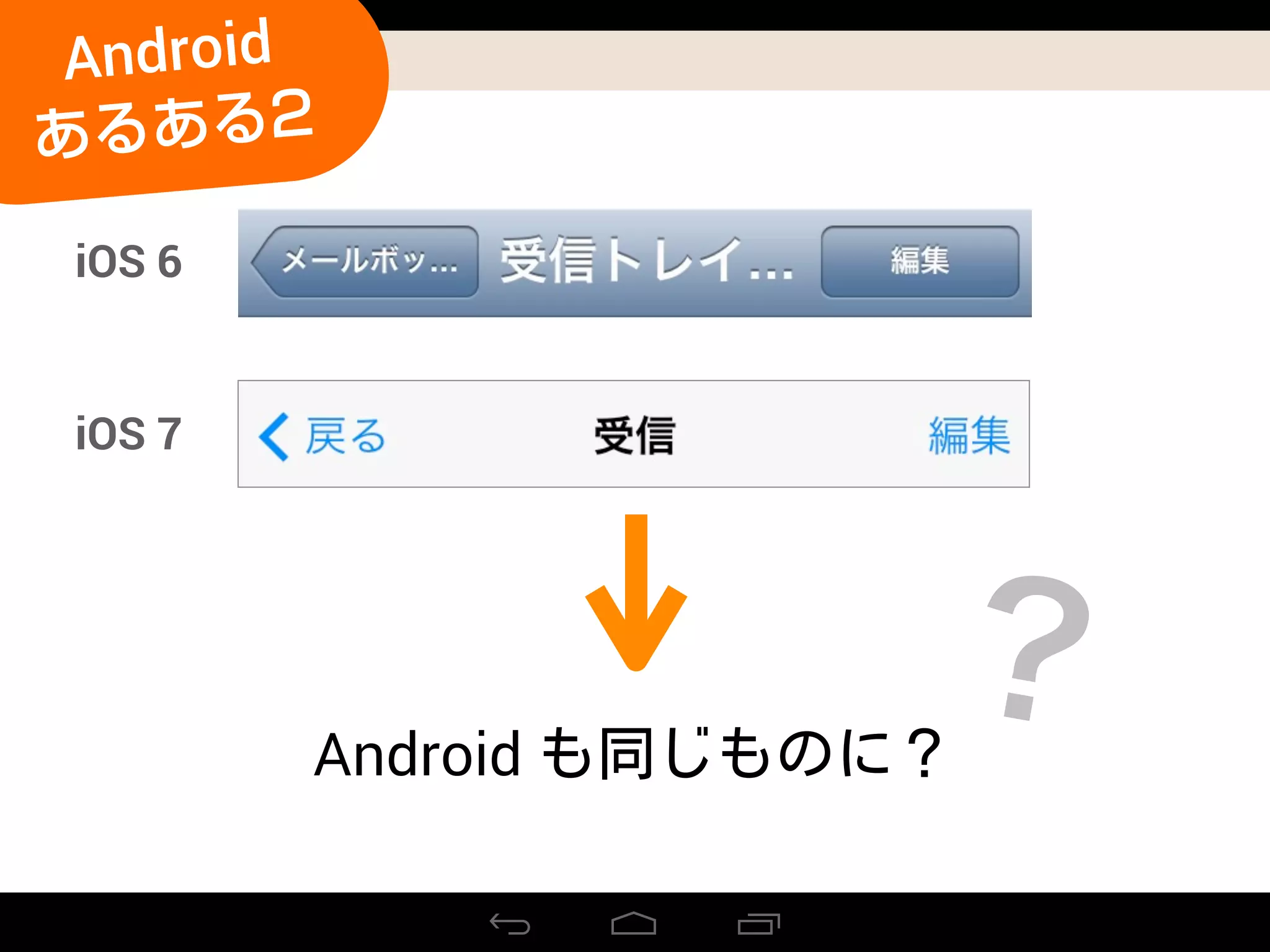 Android
？
iOS 6
iOS 7
Android
あるある2
 
