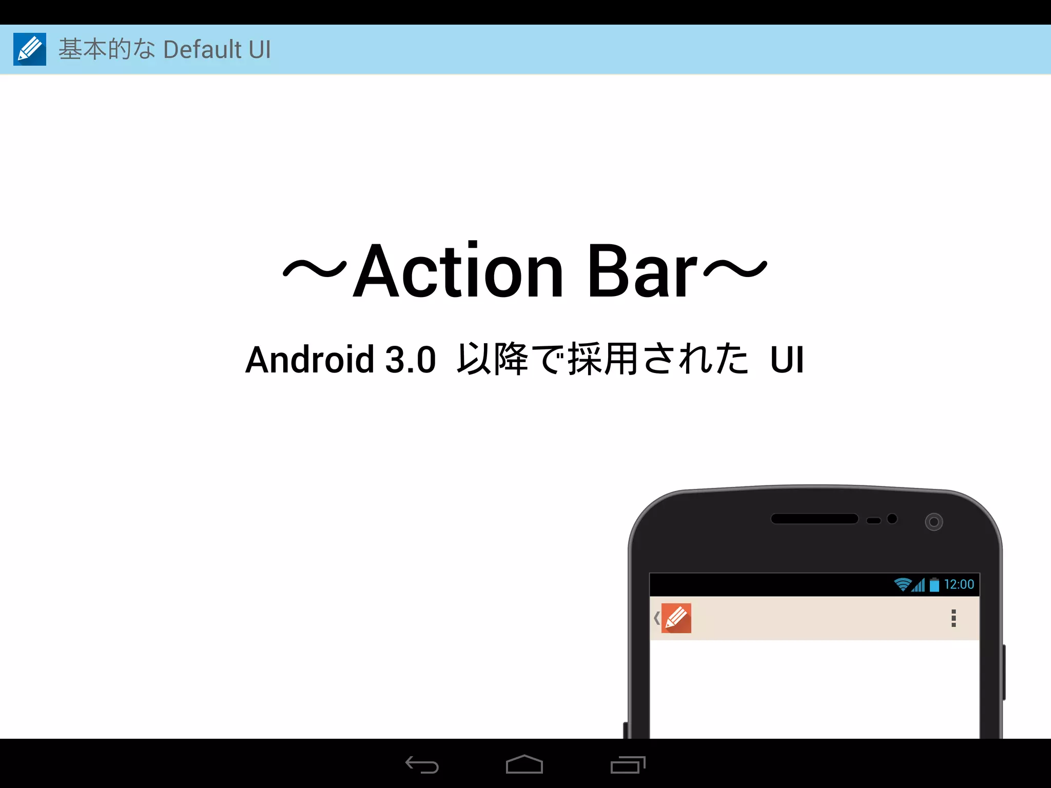 Action Bar
12:00
Android 3.0 UI
基本的な Default UI
 