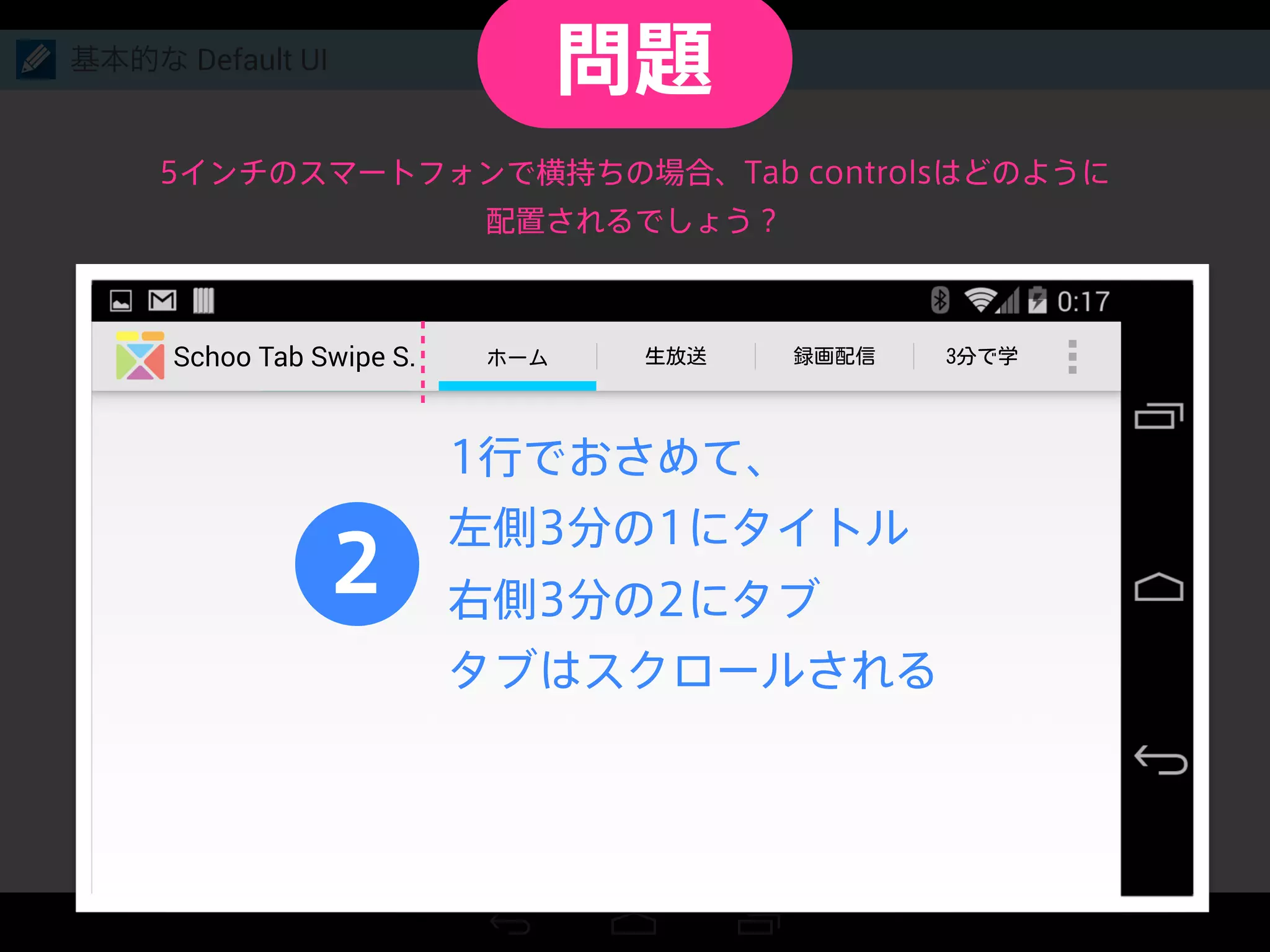 基本的な Default UI
5インチのスマートフォンで横持ちの場合、Tab controlsはどのように
配置されるでしょう？
Schoo Tab Swipe S.
2
1行でおさめて、
左側3分の1にタイトル
右側3分の2にタブ
タブはスクロールされる
問題
 