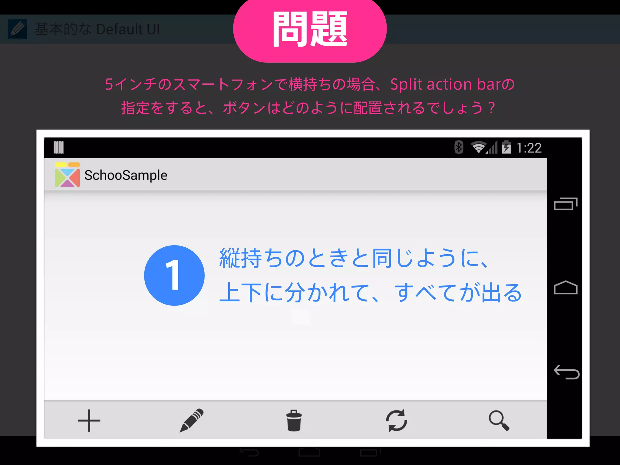基本的な Default UI
5インチのスマートフォンで横持ちの場合、Split action barの
指定をすると、ボタンはどのように配置されるでしょう？
1
縦持ちのときと同じように、
上下に分かれて、すべてが出る
問題
 