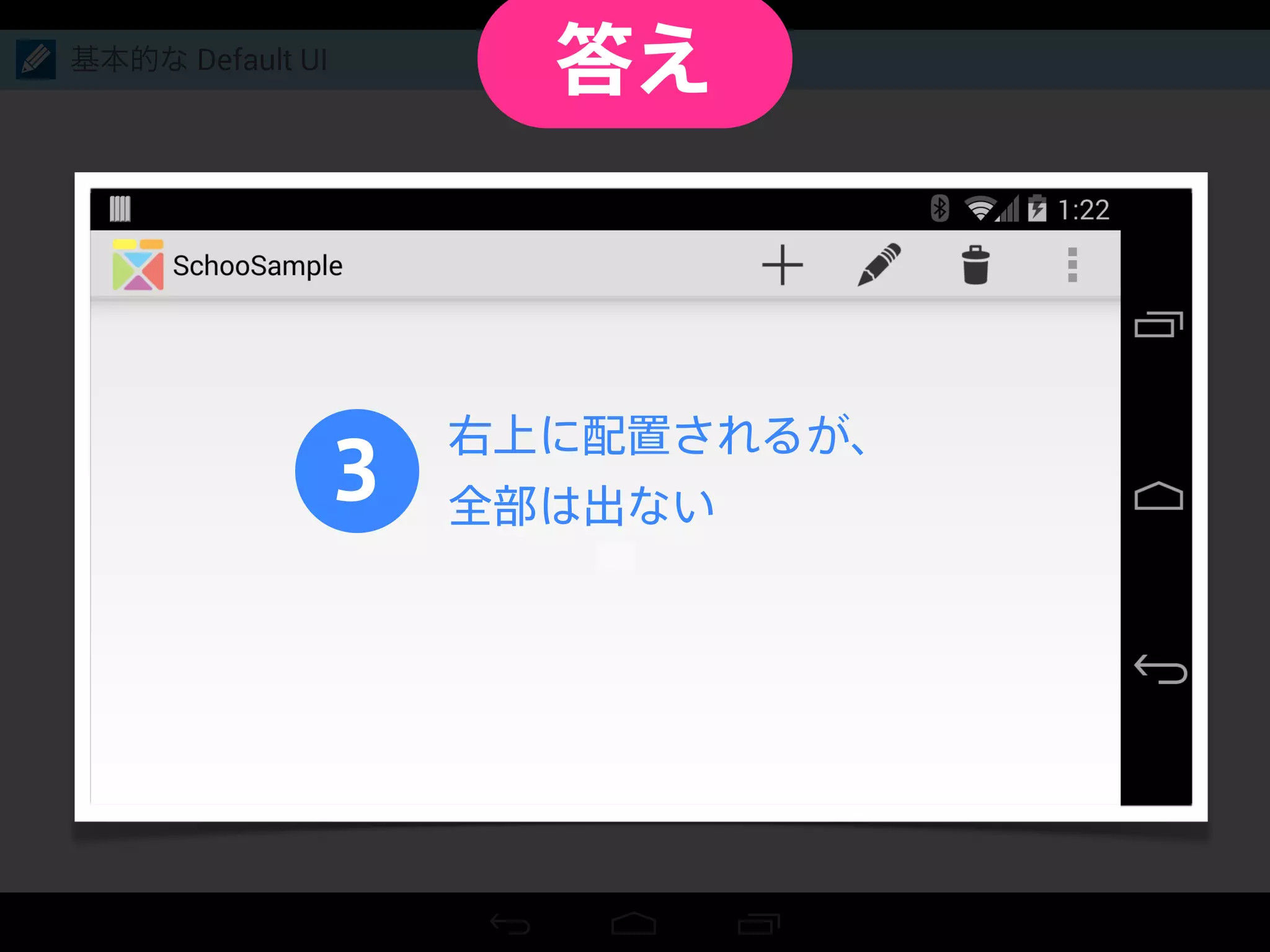 基本的な Default UI
3
右上に配置されるが、
全部は出ない
答え
 
