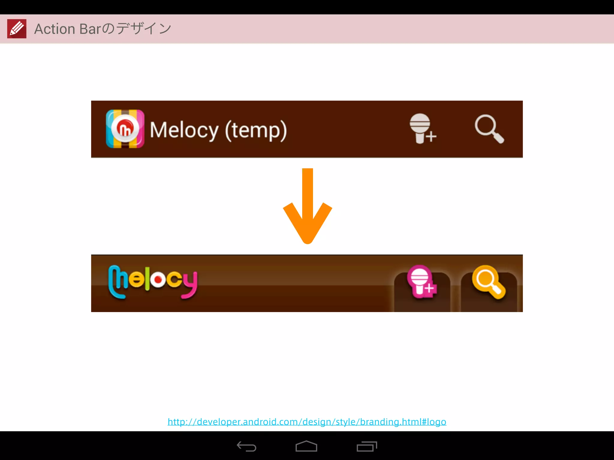 Action Barのデザイン
http://developer.android.com/design/style/branding.html#logo
 