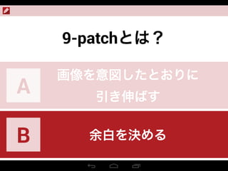 9-patchとは？
画像を意図したとおりに
引き伸ばす
A
余白を決めるB
 