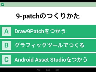 9-patchのつくりかた
Draw9PatchをつかうA
グラフィックツールでつくるB
Android Asset StudioをつかうC
 