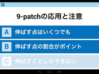 9-patchの応用と注意
伸ばす点はいくつでもA
伸ばす点の割合がポイントB
伸ばすことしかできないC
 