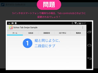基本的な Default UI
5インチのスマートフォンで横持ちの場合、Tab controlsはどのように
配置されるでしょう？
Schoo Tab Swipe Sample
1
縦と同じように、
二段目にタブ
問題
 