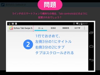 基本的な Default UI
5インチのスマートフォンで横持ちの場合、Tab controlsはどのように
配置されるでしょう？
Schoo Tab Swipe S.
2
1行でおさめて、
左側3分の1にタイトル
右側3分の2にタブ
タブはスクロールされる
問題
 