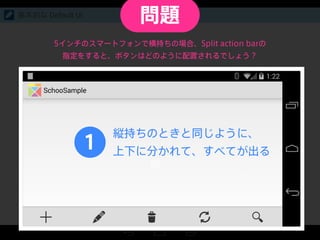 基本的な Default UI
5インチのスマートフォンで横持ちの場合、Split action barの
指定をすると、ボタンはどのように配置されるでしょう？
1
縦持ちのときと同じように、
上下に分かれて、すべてが出る
問題
 