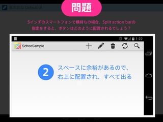 基本的な Default UI
2
スペースに余裕があるので、
右上に配置され、すべて出る
5インチのスマートフォンで横持ちの場合、Split action barの
指定をすると、ボタンはどのように配置されるでしょう？
問題
 