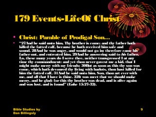 Bible Studies by
Dan Billingsly
9
179 Events-LifeOf Christ
• Christ: Parable of Prodigal Son…
• “27And he said unto him, Thy brotheris come; and thy fatherhath
killed the fatted calf, because he hath received him safe and
sound. 28And he was angry, and would not go in: therefore came his
fatherout, and entreated him. 29And he answering said to his father,
Lo, these many years do I serve thee, neithertransgressed I at any
time thy commandment: and yet thou nevergavest me a kid, that I
might make merry with my friends: 30But as soon as this thy son was
come, which hath devoured thy living with harlots, thou hast killed for
himthe fatted calf. 31And he said unto him, Son, thou art everwith
me, and all that I have is thine. 32It was meet that we should make
merry, and be glad: forthis thy brotherwas dead, and is alive again;
and was lost, and is found” (Luke 15:27-32).
 
