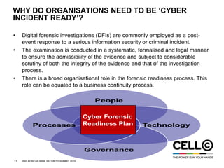 11 2ND AFRICAN MINE SECURITY SUMMIT 2015
WHY DO ORGANISATIONS NEED TO BE ‘CYBER
INCIDENT READY’?
• Digital forensic investigations (DFIs) are commonly employed as a post-
event response to a serious information security or criminal incident.
• The examination is conducted in a systematic, formalised and legal manner
to ensure the admissibility of the evidence and subject to considerable
scrutiny of both the integrity of the evidence and that of the investigation
process.
• There is a broad organisational role in the forensic readiness process. This
role can be equated to a business continuity process.
 