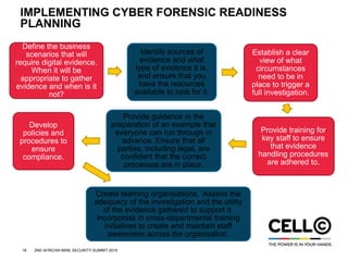 18 2ND AFRICAN MINE SECURITY SUMMIT 2015
IMPLEMENTING CYBER FORENSIC READINESS
PLANNING
Define the business
scenarios that will
require digital evidence.
When it will be
appropriate to gather
evidence and when is it
not?
Identify sources of
evidence and what
type of evidence it is,
and ensure that you
have the resources
available to look for it.
Establish a clear
view of what
circumstances
need to be in
place to trigger a
full investigation.
Provide training for
key staff to ensure
that evidence
handling procedures
are adhered to.
Provide guidance in the
preparation of an example that
everyone can run through in
advance. Ensure that all
parties, including legal, are
confident that the correct
processes are in place.
Develop
policies and
procedures to
ensure
compliance.
Create learning organisations. Assess the
adequacy of the investigation and the utility
of the evidence gathered to support it.
Incorporate in cross-departmental training
initiatives to create and maintain staff
awareness across the organisation.
 