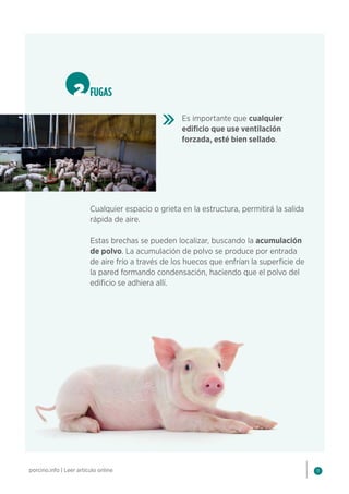 11
porcino.info | Leer artículo online
2 FUGAS
Es importante que cualquier
edificio que use ventilación
forzada, esté bien sellado.
Cualquier espacio o grieta en la estructura, permitirá la salida
rápida de aire.
Estas brechas se pueden localizar, buscando la acumulación
de polvo. La acumulación de polvo se produce por entrada
de aire frío a través de los huecos que enfrían la superficie de
la pared formando condensación, haciendo que el polvo del
edificio se adhiera allí.
 