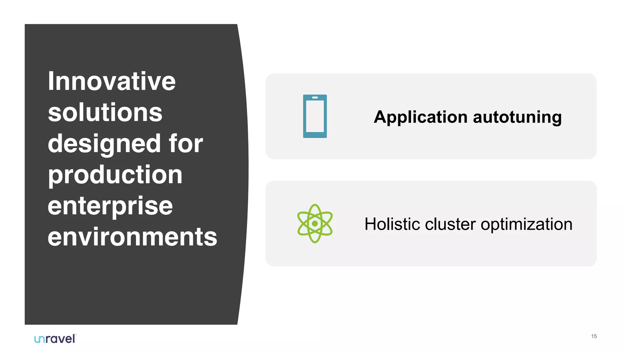 !15
Application autotuning
Holistic cluster optimization
Innovative
solutions
designed for
production
enterprise
environments 
 
 