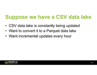 Suppose we have a CSV data lake
• CSV data lake is constantly being updated
• Want to convert it to a Parquet data lake
• ...