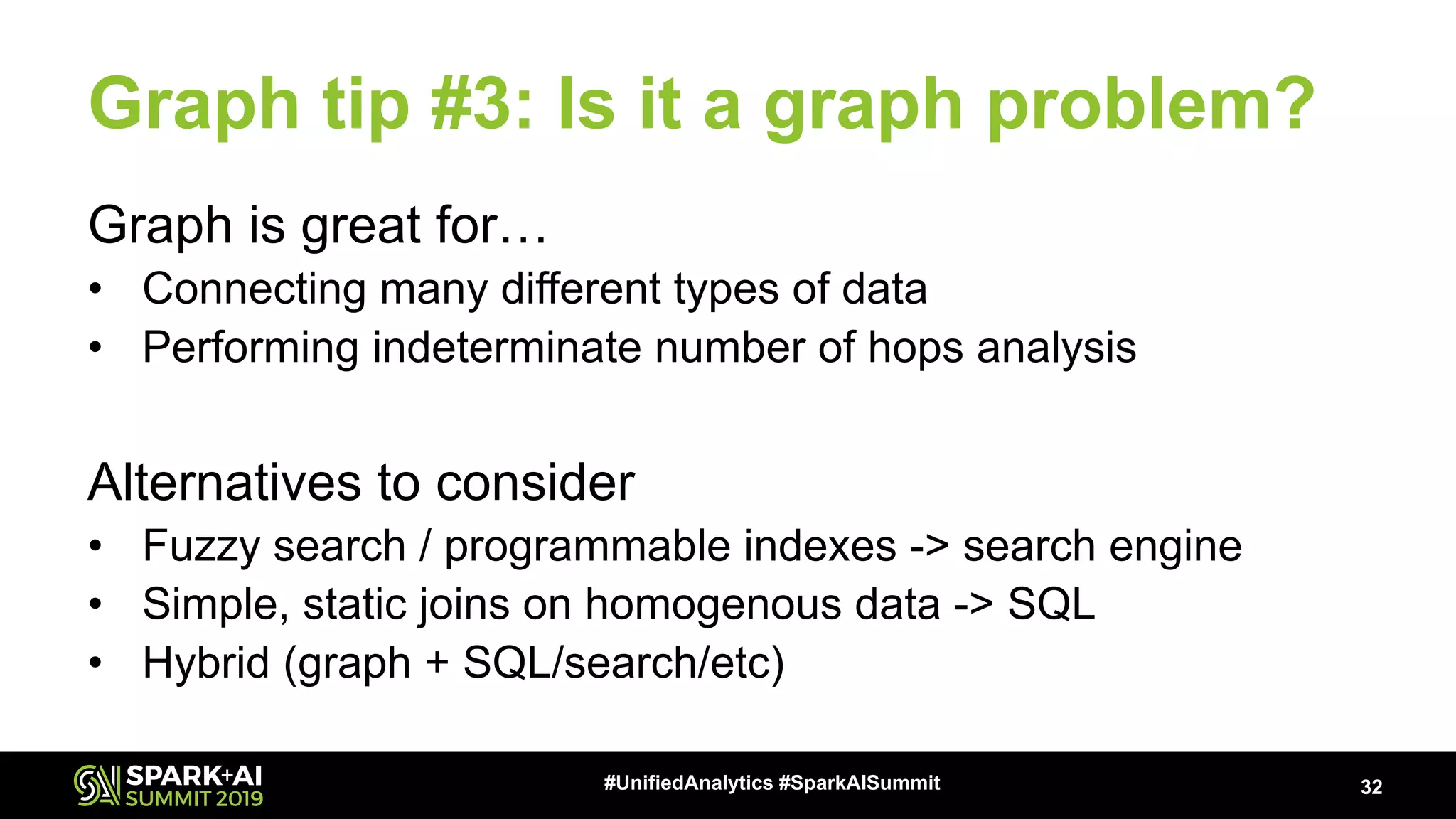Graph tip #3: Is it a graph problem? Graph is great for… • Connecting many different types of data • Performing indeterminate number of hops analysis Alternatives to consider • Fuzzy search / programmable indexes -> search engine • Simple, static joins on homogenous data -> SQL • Hybrid (graph + SQL/search/etc) 32#UnifiedAnalytics #SparkAISummit 