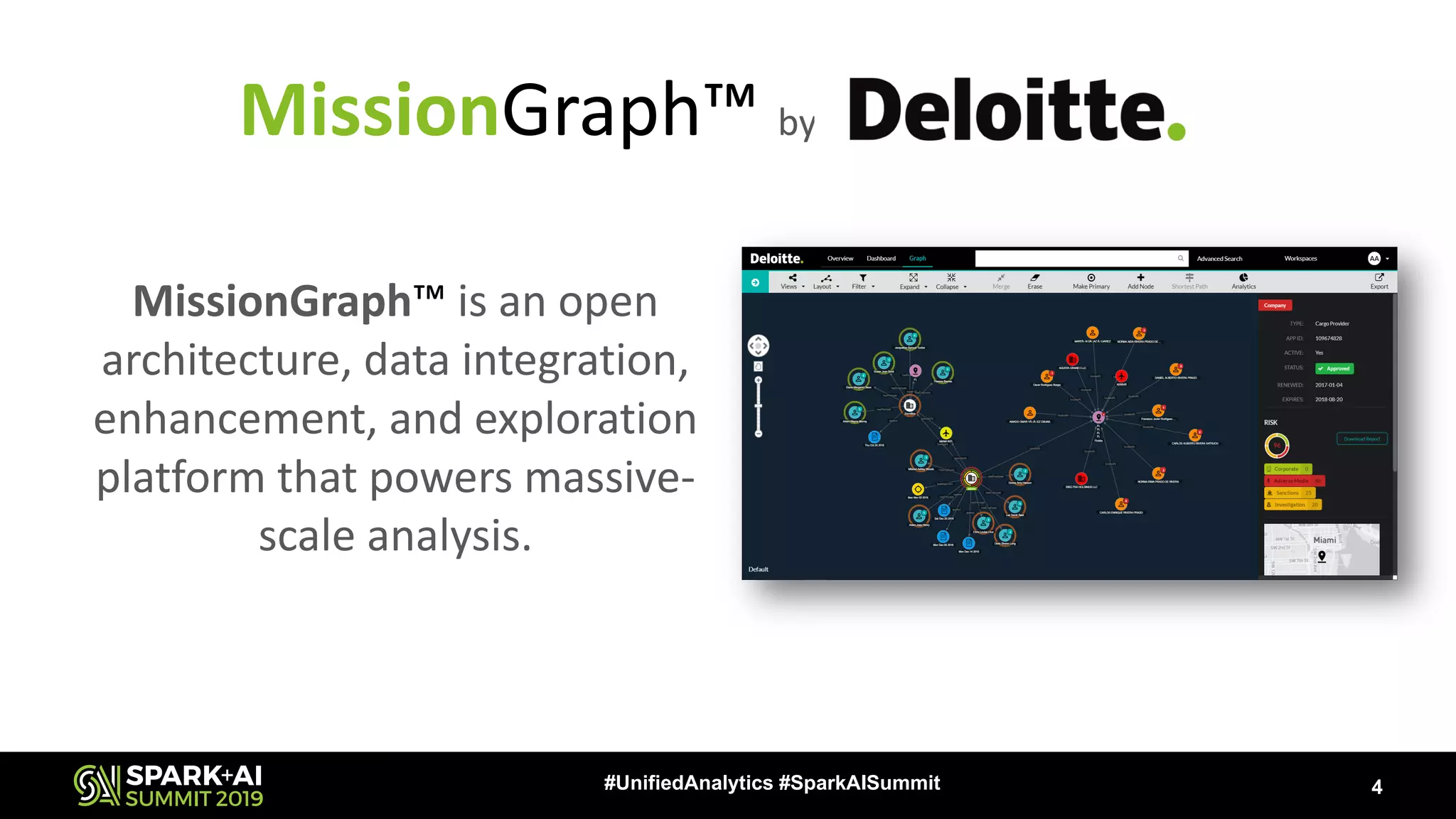 4#UnifiedAnalytics #SparkAISummit MissionGraph™ is an open architecture, data integration, enhancement, and exploration platform that powers massive- scale analysis. MissionGraph™ by 