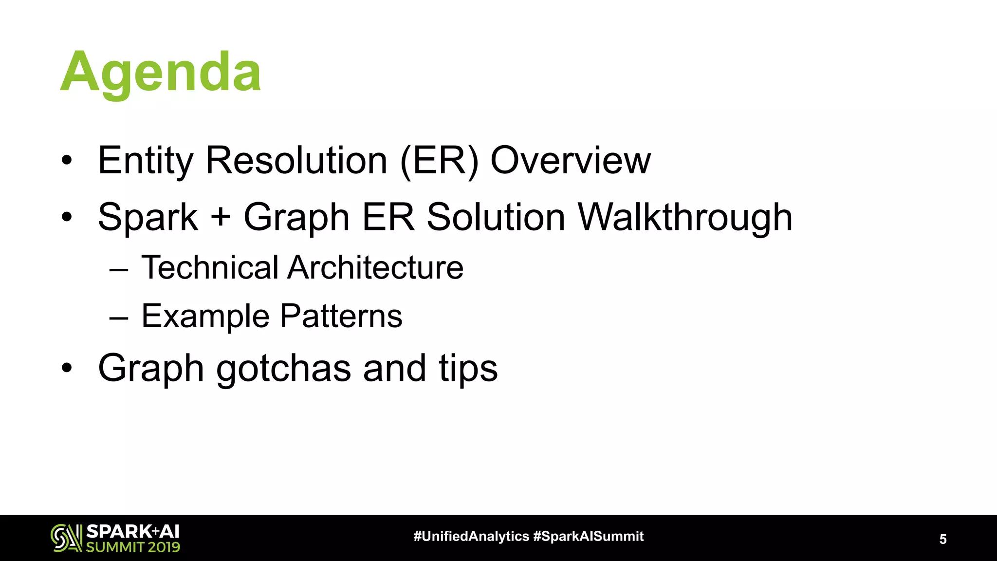 Agenda • Entity Resolution (ER) Overview • Spark + Graph ER Solution Walkthrough – Technical Architecture – Example Patterns • Graph gotchas and tips 5#UnifiedAnalytics #SparkAISummit 