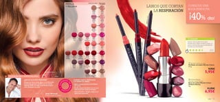 22526
Blossom
Petal
22530
Clover Haze
24038RealRed
24037HotCoral
24039DarkPlum
22545
Beige
Wonder
22537
Red
Copper
22538
Garnet
Attraction
22540
Red
Devotion
22540
Red Devotion
22541
Daring
Red
22541
Daring Red
24038
Real
Red
22543
Total
Nude
22543
TotalNude
24033
Nude
Beige
22530
Clover
Haze
24034
Nude
Pink
22526
Blossom
Petal
24035
Perfect
Pink
22527
Pink
Passion
22528
Pink
Mayﬂower
22528
Pink
Mayﬂower
22529
Cranberry
Blush
22529Cranberry
Blush
22532
Pink
Lady
22532
PinkLady
24036
Vibrant
Pink
22534
Warm
Peach
22534
Warm Peach
22536
Coral
Wave
22536
CoralWave
24037
Hot
Coral
22546
Summer
Tan
22550
Chestnut
Glory
24040
Cream
Chestnut
22549
Maiden
Fawn
22552
Violet
Fairy
24039
Dark
Plum
22553
Purple
Haze
22542
Irresistible
Red


color 5150 color
CONSEJO DEL ESPECIALISTA
PERFILA
Y RELLENA
 Oriﬂame Beauty
Wonder Colour Lipstick
Barra de Labios Wonder Colour
Oriﬂame Beauty
4 g.
11,95€
6,95€
 Wonder Colour Lip Liner
Perﬁlador de Labios Wonder Colour
0.3 g.
9,95€
5,95€La modelo lleva: Barra de Labios
Wonder Colour Oriﬂame Beauty
22541 Daring Red, Perﬁlador de Labios
Wonder Colour 24038 Real Red.
TU OPINIÓN*
BARRA DE LABIOS PERFILADOR
DE LABIOS
¿QUÉ SE LLEVA ESTA PRIMAVERA?
Aunque los tonos nudes siguen a la última esta
temporada,¡prueba también con los colores
intensos! Al ﬁn y al cabo la primavera es puro
color.¡Atrévete con ellos!
CUÁNDO USAR EL PERFILADOR
Y LA BARRA DE LABIOS
• Aplica siempre primero el Perﬁlador
de Labios.
• Perﬁla siempre los labios con un tono
más oscuro que la barra de labios.
• ¡Recuerda llevar siempre ambos en el
bolso para retocarte!
LABIOS QUE CORTAN
LA RESPIRACIÓN
*1080 valoraciones alrededor del mundo
CONSIGUE UNA
BOCA PERFECTA
¡40% dto!
Jonas Wramell
Director Artístico de Oriflame
•CO
N
S E J O S
D
EMAQ
U
ILLAJE
Siempre utilizo las Barras de Labios
Wondercolour. Dejan mis labios suaves y su
textura cremosa hace que se extiendan de
maravilla. ¡Las recomiendo!
Alicia,
España
 