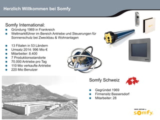 2
Herzlich Willkommen bei Somfy
Somfy International:
 Gründung 1969 in Frankreich
 Weltmarktführer im Bereich Antriebe u...
