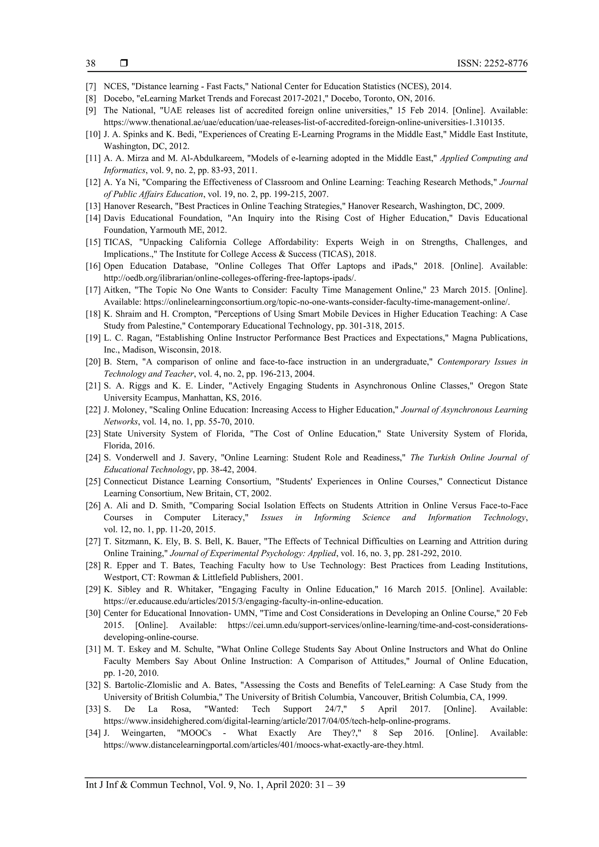  ISSN: 2252-8776
Int J Inf & Commun Technol, Vol. 9, No. 1, April 2020: 31 – 39
38
[7] NCES, "Distance learning - Fast Facts," National Center for Education Statistics (NCES), 2014.
[8] Docebo, "eLearning Market Trends and Forecast 2017-2021," Docebo, Toronto, ON, 2016.
[9] The National, "UAE releases list of accredited foreign online universities," 15 Feb 2014. [Online]. Available:
https://www.thenational.ae/uae/education/uae-releases-list-of-accredited-foreign-online-universities-1.310135.
[10] J. A. Spinks and K. Bedi, "Experiences of Creating E-Learning Programs in the Middle East," Middle East Institute,
Washington, DC, 2012.
[11] A. A. Mirza and M. Al-Abdulkareem, "Models of e-learning adopted in the Middle East," Applied Computing and
Informatics, vol. 9, no. 2, pp. 83-93, 2011.
[12] A. Ya Ni, "Comparing the Effectiveness of Classroom and Online Learning: Teaching Research Methods," Journal
of Public Affairs Education, vol. 19, no. 2, pp. 199-215, 2007.
[13] Hanover Research, "Best Practices in Online Teaching Strategies," Hanover Research, Washington, DC, 2009.
[14] Davis Educational Foundation, "An Inquiry into the Rising Cost of Higher Education," Davis Educational
Foundation, Yarmouth ME, 2012.
[15] TICAS, "Unpacking California College Affordability: Experts Weigh in on Strengths, Challenges, and
Implications.," The Institute for College Access & Success (TICAS), 2018.
[16] Open Education Database, "Online Colleges That Offer Laptops and iPads," 2018. [Online]. Available:
http://oedb.org/ilibrarian/online-colleges-offering-free-laptops-ipads/.
[17] Aitken, "The Topic No One Wants to Consider: Faculty Time Management Online," 23 March 2015. [Online].
Available: https://onlinelearningconsortium.org/topic-no-one-wants-consider-faculty-time-management-online/.
[18] K. Shraim and H. Crompton, "Perceptions of Using Smart Mobile Devices in Higher Education Teaching: A Case
Study from Palestine," Contemporary Educational Technology, pp. 301-318, 2015.
[19] L. C. Ragan, "Establishing Online Instructor Performance Best Practices and Expectations," Magna Publications,
Inc., Madison, Wisconsin, 2018.
[20] B. Stern, "A comparison of online and face-to-face instruction in an undergraduate," Contemporary Issues in
Technology and Teacher, vol. 4, no. 2, pp. 196-213, 2004.
[21] S. A. Riggs and K. E. Linder, "Actively Engaging Students in Asynchronous Online Classes," Oregon State
University Ecampus, Manhattan, KS, 2016.
[22] J. Moloney, "Scaling Online Education: Increasing Access to Higher Education," Journal of Asynchronous Learning
Networks, vol. 14, no. 1, pp. 55-70, 2010.
[23] State University System of Florida, "The Cost of Online Education," State University System of Florida,
Florida, 2016.
[24] S. Vonderwell and J. Savery, "Online Learning: Student Role and Readiness," The Turkish Online Journal of
Educational Technology, pp. 38-42, 2004.
[25] Connecticut Distance Learning Consortium, "Students' Experiences in Online Courses," Connecticut Distance
Learning Consortium, New Britain, CT, 2002.
[26] A. Ali and D. Smith, "Comparing Social Isolation Effects on Students Attrition in Online Versus Face-to-Face
Courses in Computer Literacy," Issues in Informing Science and Information Technology,
vol. 12, no. 1, pp. 11-20, 2015.
[27] T. Sitzmann, K. Ely, B. S. Bell, K. Bauer, "The Effects of Technical Difficulties on Learning and Attrition during
Online Training," Journal of Experimental Psychology: Applied, vol. 16, no. 3, pp. 281-292, 2010.
[28] R. Epper and T. Bates, Teaching Faculty how to Use Technology: Best Practices from Leading Institutions,
Westport, CT: Rowman & Littlefield Publishers, 2001.
[29] K. Sibley and R. Whitaker, "Engaging Faculty in Online Education," 16 March 2015. [Online]. Available:
https://er.educause.edu/articles/2015/3/engaging-faculty-in-online-education.
[30] Center for Educational Innovation- UMN, "Time and Cost Considerations in Developing an Online Course," 20 Feb
2015. [Online]. Available: https://cei.umn.edu/support-services/online-learning/time-and-cost-considerations-
developing-online-course.
[31] M. T. Eskey and M. Schulte, "What Online College Students Say About Online Instructors and What do Online
Faculty Members Say About Online Instruction: A Comparison of Attitudes," Journal of Online Education,
pp. 1-20, 2010.
[32] S. Bartolic-Zlomislic and A. Bates, "Assessing the Costs and Benefits of TeleLearning: A Case Study from the
University of British Columbia," The University of British Columbia, Vancouver, British Columbia, CA, 1999.
[33] S. De La Rosa, "Wanted: Tech Support 24/7," 5 April 2017. [Online]. Available:
https://www.insidehighered.com/digital-learning/article/2017/04/05/tech-help-online-programs.
[34] J. Weingarten, "MOOCs - What Exactly Are They?," 8 Sep 2016. [Online]. Available:
https://www.distancelearningportal.com/articles/401/moocs-what-exactly-are-they.html.
 