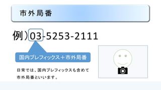 電話番号
例）03-5253-2111
※日本の内閣府の電話番号です
 
