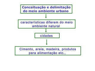 Conceituação e delimitação
do meio ambiente urbano
características diferem do meio
ambiente natural
cidades
Cimento, areia, madeira, produtos
para alimentação etc.,
 
