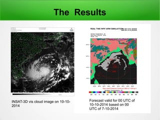The Results
INSAT-3D vis cloud image on 10-10-
2014
Forecast valid for 00 UTC of
10-10-2014 based on 00
UTC of 7-10-2014
 