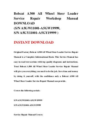 Bobcat A300 All Wheel Steer Loader
Service Repair Workshop Manual
DOWNLOAD
(S/N A5GW11001-A5GW19999,
S/N A5GY11001-A5GY19999 )
INSTANT DOWNLOAD
Original Factory Bobcat A300 All Wheel Steer Loader Service Repair
Manual is a Complete Informational Book. This Service Manual has
easy-to-read text sections with top quality diagrams and instructions.
Trust Bobcat A300 All Wheel Steer Loader Service Repair Manual
will give you everything you need to do the job. Save time and money
by doing it yourself, with the confidence only a Bobcat A300 All
Wheel Steer Loader Service Repair Manual can provide.
Covers the following serials:
S/N A5GW11001-A5GW19999
S/N A5GY11001-A5GY19999
Service Repair Manual Covers:
 