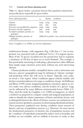 114 · Current and future planning needs
Table 4.1 Species borders: associations between three population characteristics
and possible factors responsible for species borders
Factor affecting border rm density condition
Climate ramp ramp ramp
Substrate step step step
Resource not modiﬁed by organism ramp ramp ramp
Resource used by organism step ramp step
Facultative predator, parasite, or
pathogen
ramp ramp ramp
Obligate predator, parasite, or
pathogen
(difﬁcult to predict: very varied interactions)
Source: Caughley et al. (1988); see text for explanation.
southwestern Europe, with suggestion (Fig. 4.2b) that a 1◦
rise in tem-
perature was associated with an additional 14.4+/–2.4 migrant species.
Most of the 75 species recorded over the period have had to negotiate
a minimum of 150 km of open sea to reach Portland. This example is
thus particularly interesting in indicating a phenomenon rather different
from simple range extension across land, without any such intervening
obstacle.
Climate prediction models, exempliﬁed above, seek to determine and
forecast a species’ geographical range by deﬁning its ‘climatic envelope’
and predicting where this will occur in future. Typically, such analy-
ses reveal a ‘core region’ where conditions appear entirely suitable, and
declines toward peripheries of a range as conditions change. As Hoffmann
and Blows (1994) noted, marginal populations sometimes appear to sur-
vive under very adverse conditions, and the borders of a species’ range
can be inﬂuenced by many different environmental factors (Table 4.1).
They cited the study by Caughley et al. (1988) on kangaroos, in which
a method was proposed to compare central and marginal populations in
order to identify the relative importance of biotic and abiotic factors, and
to distinguish between the effects of climate, resource use and presence of
natural enemies (predators, parasites) in determining distributional limits.
Three parameters employed were density, condition (some measure of
ﬁtness), and rate of population increase (rm). However, for most insects
the fundamental parameters of intrinsic rate of population increase and
the ‘condition’ of individuals (estimated by indices such as fecundity and
fertility) are not available, and are unlikely to become so easily, so that
 