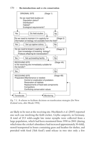 170 · Re-introductions and ex situ conservation
ORIGINAL SITE
Yes
Yes
Do we need to breed in captivity to:
Gain knowledge of breeding biology?
Produce offspring for translocation?
No
(Stage 3)
Yes
Yes
Translocate Monitoring
RECEIVING SITE
No
(Stage 4B)
RECEIVING SITE (Stage 4A)
Is the receiving site immediately suitable for
the transfer?
Set up breeding facility No
Set up captive colony
Do we need to maintain it in captivity for
information on biology not available from the field?
(Stage 2)
NoDo field studies
Do we need field studies on:
Population status?
Distribution?
Habitat?
Ecological requirements?
(Stage 1)
Preparation/Maintenance is needed:
Control or eradication of predators
Restoration of habitats
Replacements of food-web components
Competitors
Conflicting conservation values
Fig. 7.1. A scheme to facilitate decisions on translocation strategies (for New
Zealand weta, after Meads 1994).
are likely to be met at the receiving site. Hochkirch et al. (2007) reported
one such case involving the ﬁeld cricket, Gryllus campestris, in Germany.
A total of 213 wild-caught late instar nymphs were collected from a
large population, which had been monitored from 1990 to 2001 (during
which time the cricket’s abundance had increased approximately 30-fold),
stored/transported in boxes containing grass and heather for shelter, and
provided with food (‘ﬁsh food’) until release in two sites only a few
 