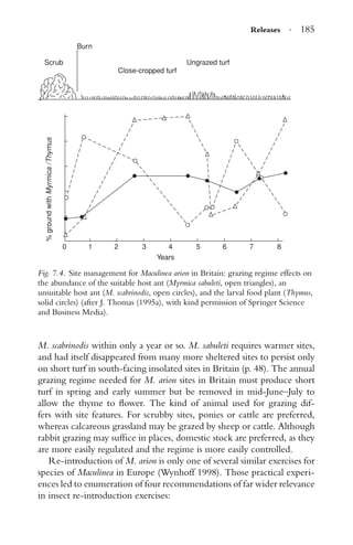 Releases · 185
Burn
Scrub
Close-cropped turf
Ungrazed turf
0 1 2 3 4
Years
%groundwithMyrmica/Thymus
5 6 7 8
Fig. 7.4. Site management for Maculinea arion in Britain: grazing regime effects on
the abundance of the suitable host ant (Myrmica sabuleti, open triangles), an
unsuitable host ant (M. scabrinodis, open circles), and the larval food plant (Thymus,
solid circles) (after J. Thomas (1995a), with kind permission of Springer Science
and Business Media).
M. scabrinodis within only a year or so. M. sabuleti requires warmer sites,
and had itself disappeared from many more sheltered sites to persist only
on short turf in south-facing insolated sites in Britain (p. 48). The annual
grazing regime needed for M. arion sites in Britain must produce short
turf in spring and early summer but be removed in mid-June–July to
allow the thyme to ﬂower. The kind of animal used for grazing dif-
fers with site features. For scrubby sites, ponies or cattle are preferred,
whereas calcareous grassland may be grazed by sheep or cattle. Although
rabbit grazing may sufﬁce in places, domestic stock are preferred, as they
are more easily regulated and the regime is more easily controlled.
Re-introduction of M. arion is only one of several similar exercises for
species of Maculinea in Europe (Wynhoff 1998). Those practical experi-
ences led to enumeration of four recommendations of far wider relevance
in insect re-introduction exercises:
 