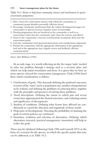 218 · Insect management plans for the future
Table 10.1 Points to help foster community interest and involvement in species
conservation programmes
1. Have a focus for conservation interest with which the community or
community group identiﬁes personally (effective focus)
2. Encourage community involvement from the earliest developmental stages of a
conservation or species recovery initiative (sense of ownership)
3. Develop programmes that are beneﬁcial to the community as well as to
conservation (what does the community ‘gain’ from the exercise and effort?)
4. Listen to the community’s concerns (constructively incorporate them into the
conservation goals)
5. Gain the community’s trust (personal interactions and considerations important)
6. Provide the community with the appropriate information at the appropriate
level and at the appropriate time (regular review and feedback; effective
communication)
Source: after Williams (1996).
At an early stage, it is worth reﬂecting on the ﬁve major ‘tasks’ needed
to solve any problem through a strategy such as a recovery plan, and
which can help initial orientation and focus. It is given that we have an
insect species selected for conservation management. Clark (1996) listed
these initial considerations as follows.
1. Clariﬁcation of goals. This demands deﬁning the preferred outcomes
in terms of the ‘states’ (such as population size, number of populations)
to be realised, and deﬁning the problems of achieving these, together
with the principles and practices of solving those problems.
2. Trend descriptions. Deﬁning the extent to which past and recent
events have approximated the desired outcomes, and evaluating extent
and signiﬁcance of discrepancies.
3. Analysis of conditions. Deﬁning what factors have affected (or con-
ditioned) or caused the direction and magnitude of those trends.
4. Projection of developments. Assessing the probability of attaining the
goals if current policies are continued.
5. Invention, evolution and selection of alternatives. Deﬁning which
alternatives (research, practical management, innovation) will help to
realise the goals.
These may be tabulated (following Clark 1996 and Lasswell 1971) in the
form of a scenario for the species, in which the speciﬁc points that arise
can be addressed, as in Table 10.2.
 