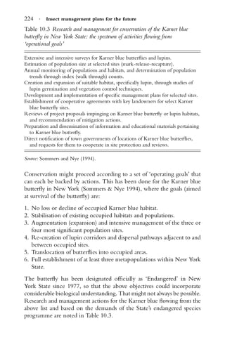 224 · Insect management plans for the future
Table 10.3 Research and management for conservation of the Karner blue
butterﬂy in New York State: the spectrum of activities ﬂowing from
‘operational goals’
Extensive and intensive surveys for Karner blue butterﬂies and lupins.
Estimation of population size at selected sites (mark-release-recapture).
Annual monitoring of populations and habitats, and determination of population
trends through index (walk through) counts.
Creation and expansion of suitable habitat, speciﬁcally lupin, through studies of
lupin germination and vegetation control techniques.
Development and implementation of speciﬁc management plans for selected sites.
Establishment of cooperative agreements with key landowners for select Karner
blue butterﬂy sites.
Reviews of project proposals impinging on Karner blue butterﬂy or lupin habitats,
and recommendation of mitigation actions.
Preparation and dissemination of information and educational materials pertaining
to Karner blue butterﬂy.
Direct notiﬁcation of town governments of locations of Karner blue butterﬂies,
and requests for them to cooperate in site protection and reviews.
Source: Sommers and Nye (1994).
Conservation might proceed according to a set of ‘operating goals’ that
can each be backed by actions. This has been done for the Karner blue
butterﬂy in New York (Sommers & Nye 1994), where the goals (aimed
at survival of the butterﬂy) are:
1. No loss or decline of occupied Karner blue habitat.
2. Stabilisation of existing occupied habitats and populations.
3. Augmentation (expansion) and intensive management of the three or
four most signiﬁcant population sites.
4. Re-creation of lupin corridors and dispersal pathways adjacent to and
between occupied sites.
5. Translocation of butterﬂies into occupied areas.
6. Full establishment of at least three metapopulations within New York
State.
The butterﬂy has been designated ofﬁcially as ‘Endangered’ in New
York State since 1977, so that the above objectives could incorporate
considerable biological understanding. That might not always be possible.
Research and management actions for the Karner blue ﬂowing from the
above list and based on the demands of the State’s endangered species
programme are noted in Table 10.3.
 