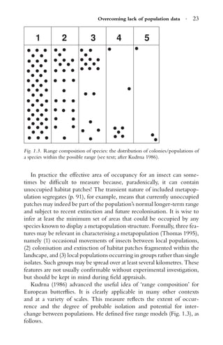 Overcoming lack of population data · 23
1 2 3 4 5
Fig. 1.3. Range composition of species: the distribution of colonies/populations of
a species within the possible range (see text; after Kudrna 1986).
In practice the effective area of occupancy for an insect can some-
times be difﬁcult to measure because, paradoxically, it can contain
unoccupied habitat patches! The transient nature of included metapop-
ulation segregates (p. 91), for example, means that currently unoccupied
patches may indeed be part of the population’s normal longer-term range
and subject to recent extinction and future recolonisation. It is wise to
infer at least the minimum set of areas that could be occupied by any
species known to display a metapopulation structure. Formally, three fea-
tures may be relevant in characterising a metapopulation (Thomas 1995),
namely (1) occasional movements of insects between local populations,
(2) colonisation and extinction of habitat patches fragmented within the
landscape, and (3) local populations occurring in groups rather than single
isolates. Such groups may be spread over at least several kilometres. These
features are not usually conﬁrmable without experimental investigation,
but should be kept in mind during ﬁeld appraisals.
Kudrna (1986) advanced the useful idea of ‘range composition’ for
European butterﬂies. It is clearly applicable in many other contexts
and at a variety of scales. This measure reﬂects the extent of occur-
rence and the degree of probable isolation and potential for inter-
change between populations. He deﬁned ﬁve range models (Fig. 1.3), as
follows.
 